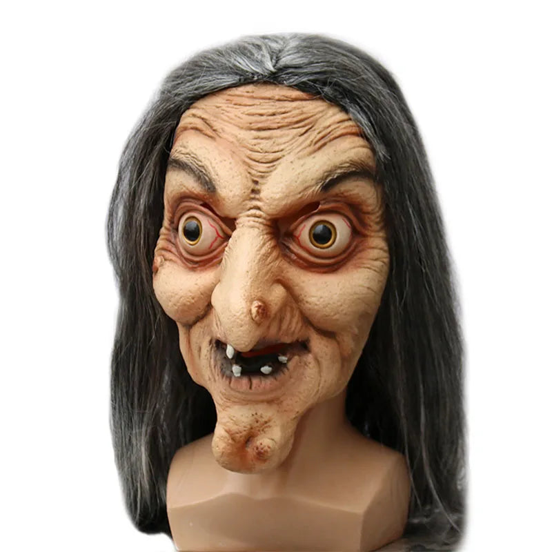 Halloween Old Witch Latex Mask with Long Hair Scary Ghost Face Costume for Party Cosplay & Roleplay