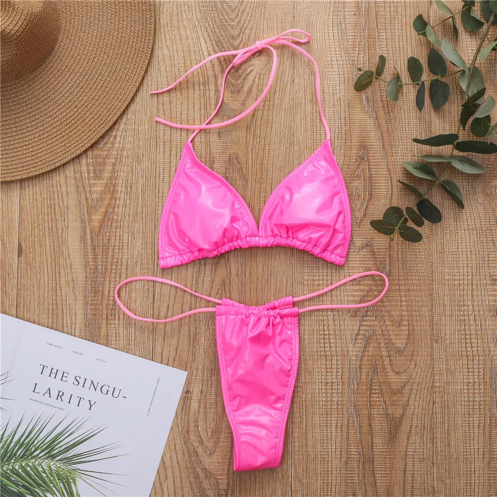Shiny PU Mini Micro Bikini 2025 Women Swimsuit Female Brazilian Swimwear Two Pieces Bikini Set High Cut Bathing Suit Swim Lady