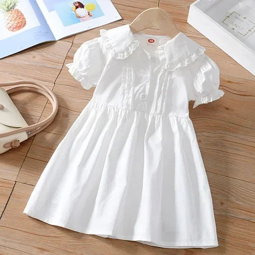 2025 New Summer Baby Girl Birthday Wedding Party Dress Short Sleeved Cotton Solid Color Dress 2-10Yrs Kids Princess Dresses