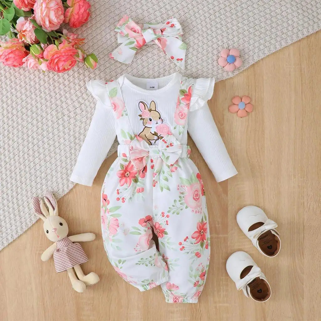 3PCS Clothes Outfits for 1-24Months Newborn&Toddler Baby Girl Long Sleeves Romper+Flower Strap Pants Cute Christmas Costume