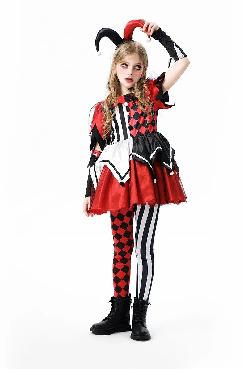 Halloween Cosplay Costumes Horror Clown Dresses Pants Headwear Clothes Sets Carnival Theme Party Role Playing Outfits for Girls