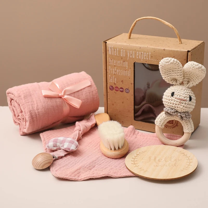 Baby Bathing Mouth Water Towel Pacifier Set Baby Full Moon Milestone Cards Wood Ring Rattle Bath Towel Wool Brush Birthday Gifts