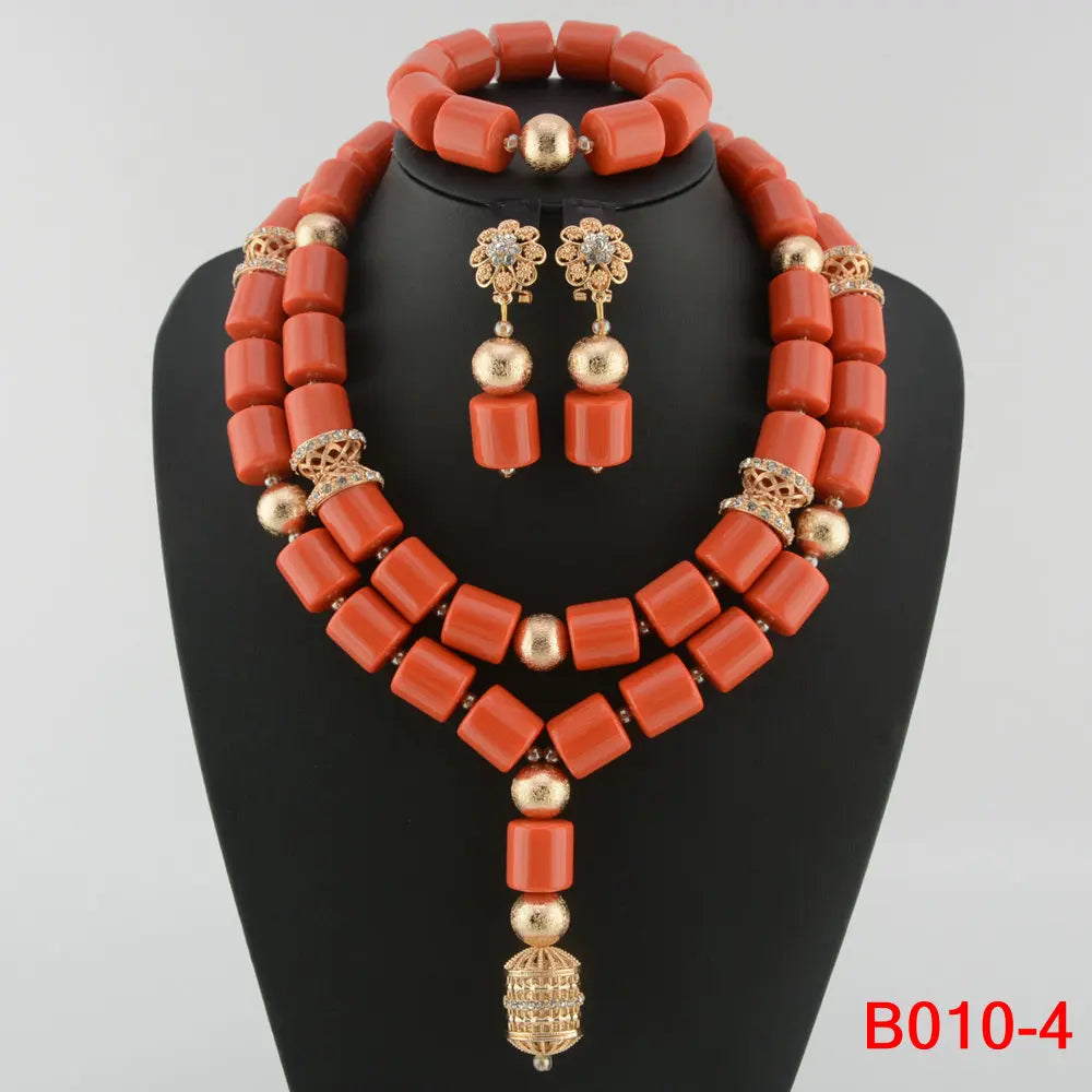 High Quality 2 Layers Artificial Coral Bead African Wedding Jewelry Set Women Necklace Nigeria Bride Party Gift