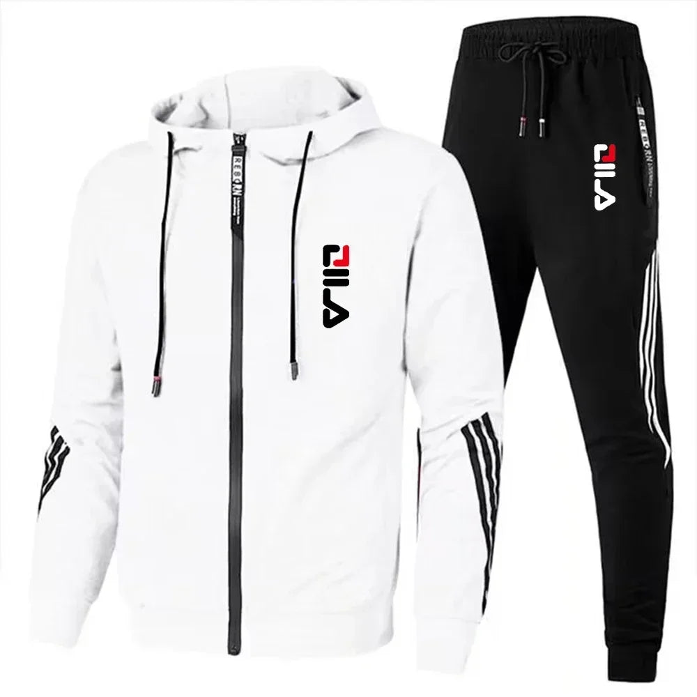 Spring and Autumn Fashion Men's fitness and sports set, featuring a hooded casual jacket and jogging pants in two pieces
