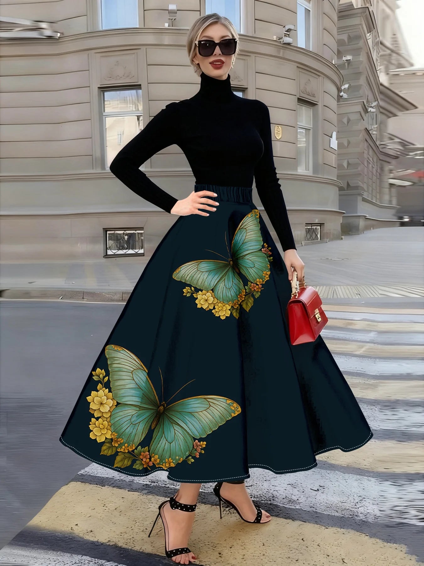 Women's A Line Midi Skirt with Pleats High Waist Elastic Waist Summer Casual Office Work Skirt for Women Spring Autumn
