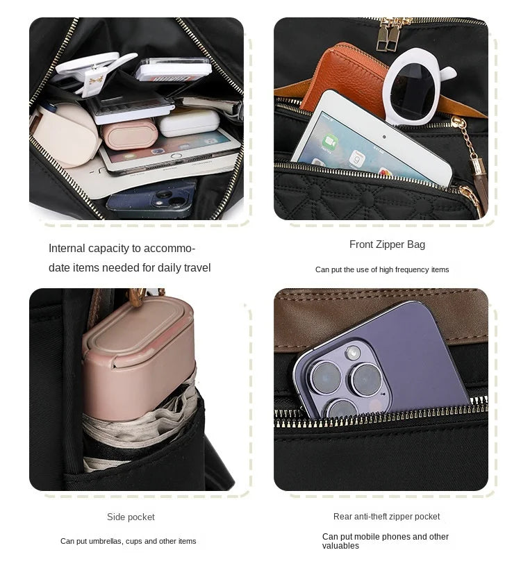 Quilted Embroidery Backpack For Women 2024 New Korean Style Versatile Large Capacity Water-Resistant Leather Shoulder Bags