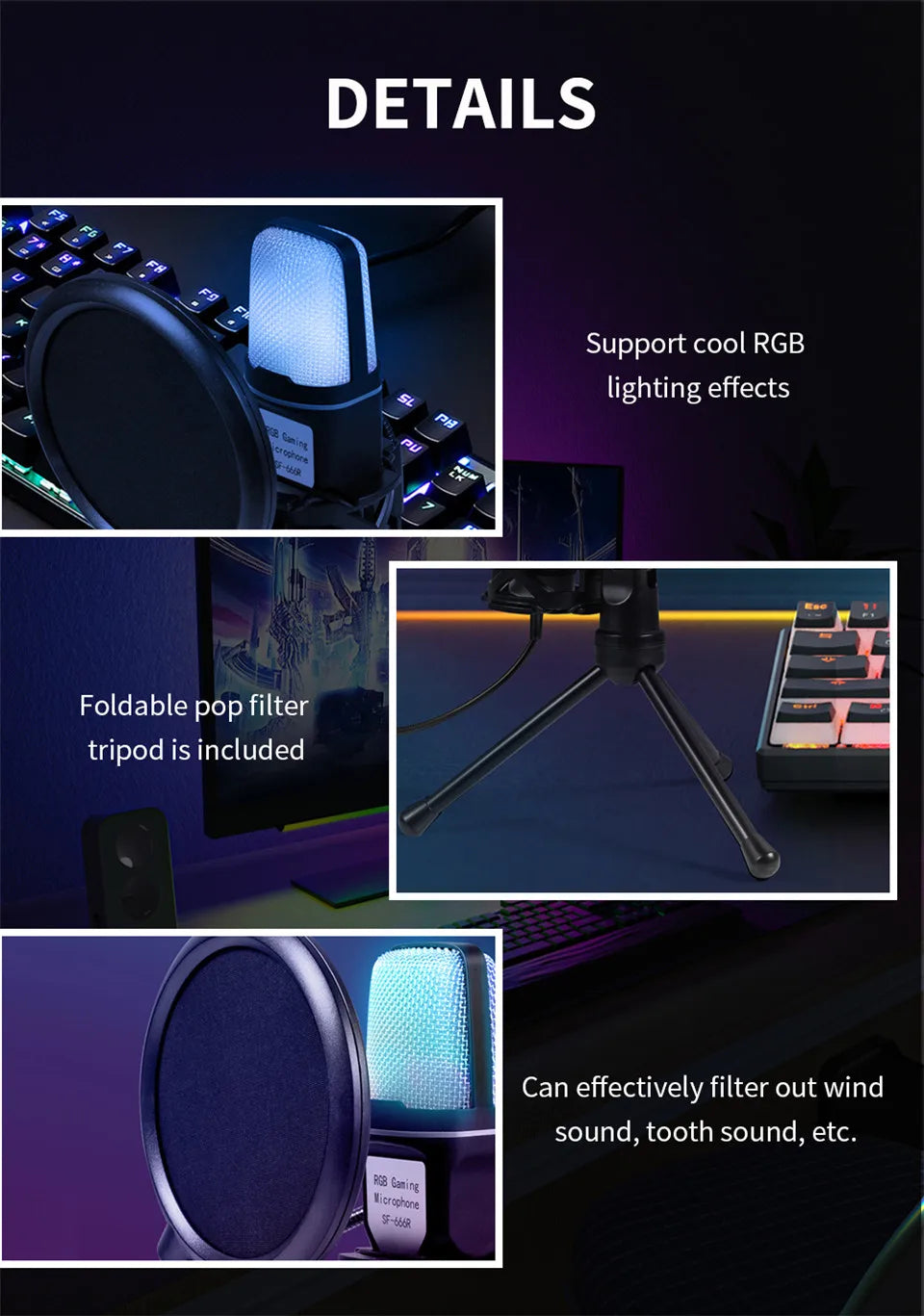 USB Microphone RGB Microfone Condensador Wire Gaming Mic for Podcast Recording Studio Streaming Laptop Desktop PC