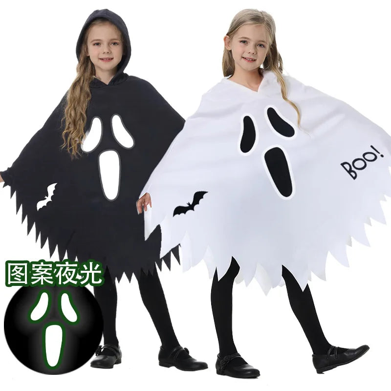 Halloween children's costumes - glowing white scream ghost face, ghost cape, party dress, dance costume