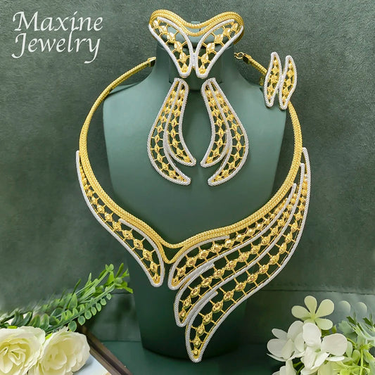 Feather Two Tones Geometric Design Jewelry Set Women Collar Necklace Earring Bracelet Ring African Bridal Wedding Party Gifts