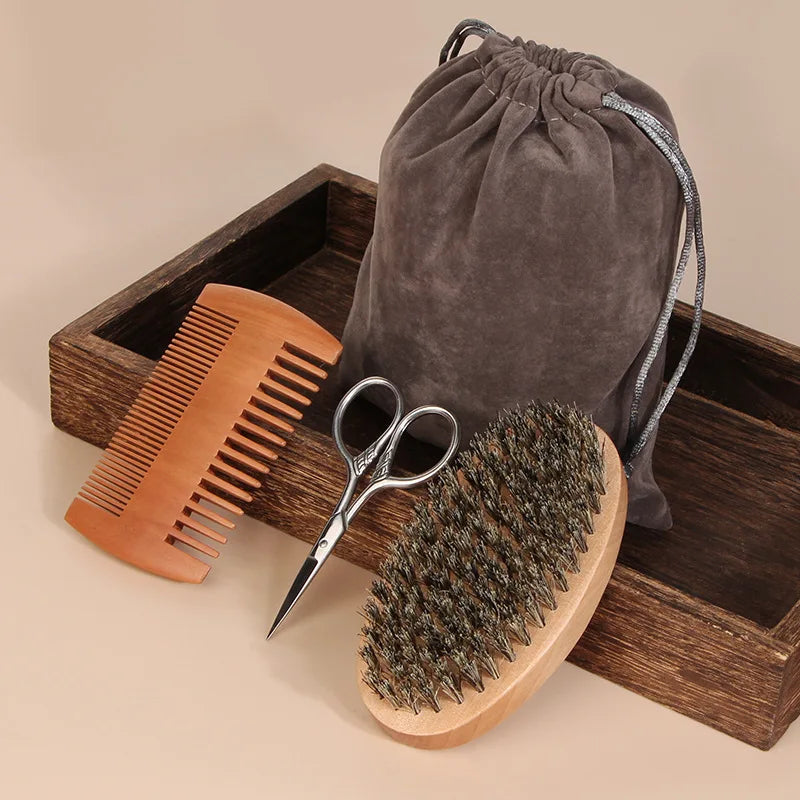 Men's Shaving Brush Set Boar Bristle Portable Barber Natural Beard Brush Comb Scissors for Facial Cleaning Styling Tool
