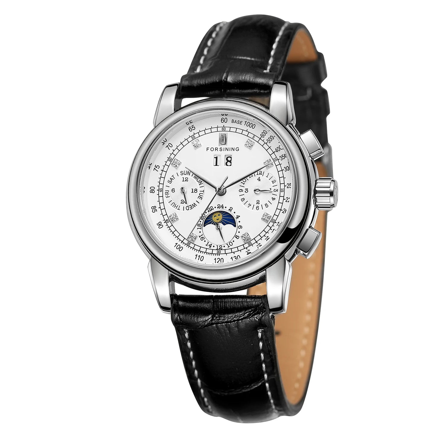 Forsining Fashion Ladies Stainless Steel Case Moon Phase Mechanical Watch Women's Multifunctional Diamond Dial Automatic Clock