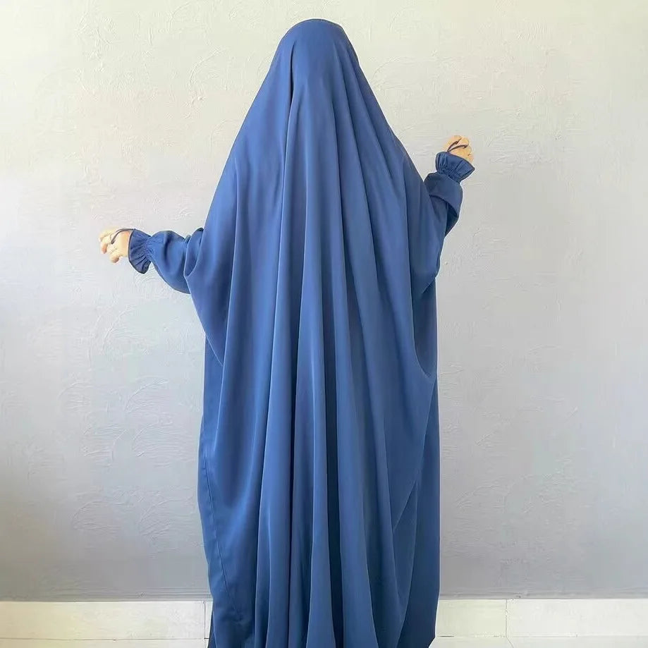 Muslim Abaya Hooded Smocking Sleeve One-piece Prayer Dress Women Jilbab Islamic Clothing Dubai Saudi Black Robe Turkish Modesty