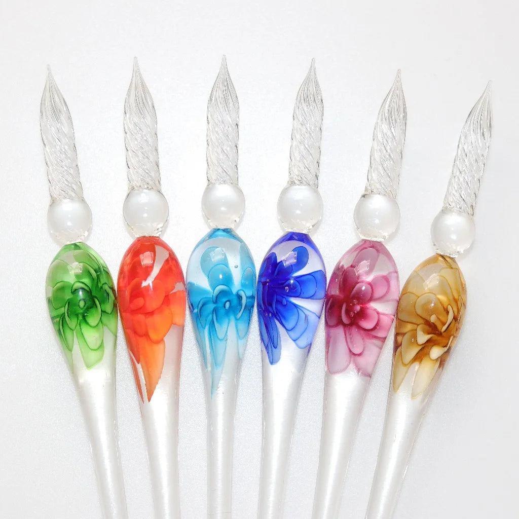 Embedded flower glass pen set, colored dipping pen, street vendor gift box, signature pen, glass pen gift