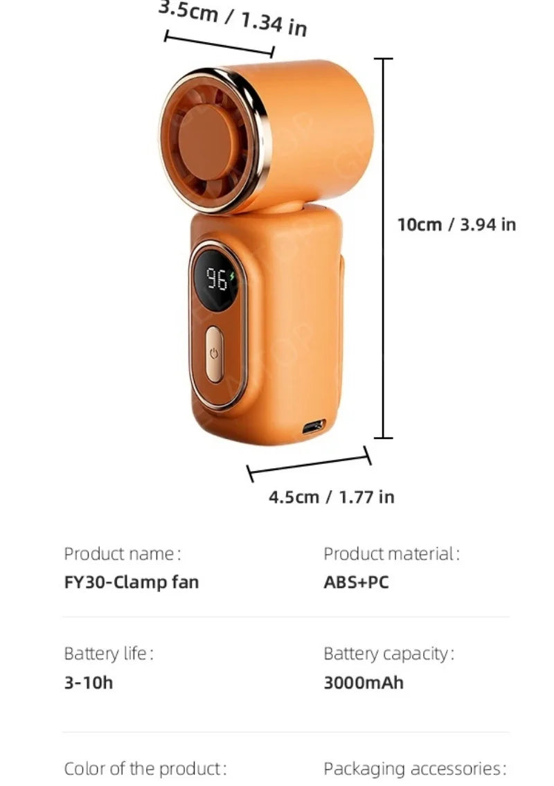 Lady's Mini Fan Handheld Small Portable Fan Cooling Turbo 5 Speeds 3000mAh LED Display 180° Rotatable Clip Rechargeable Fans