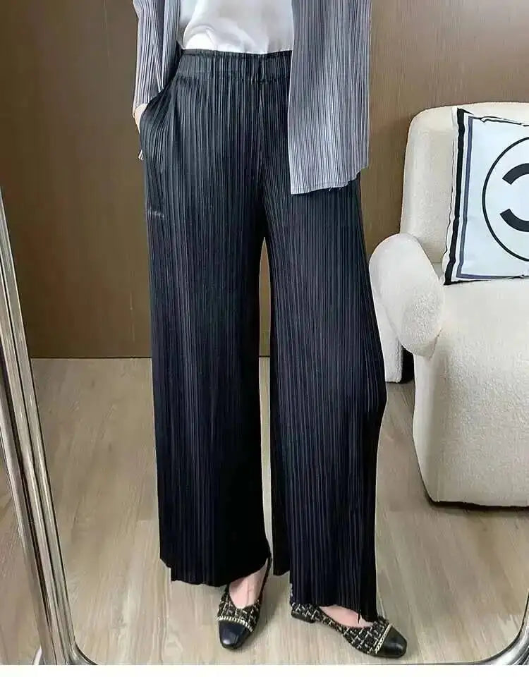 LANMREM patchwork design women's Pleated trousers elastic High Waisted Draped Straight Wide Leg Pants 2025 chic new 2DB3871