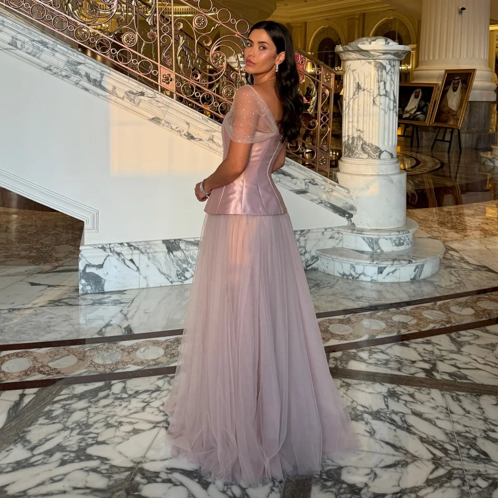 Bella Customized Pink Sequins Mesh Fabric Satin robes de soirée Strapless Evening Dresses Sleeveless A-line Wedding Dress 2024