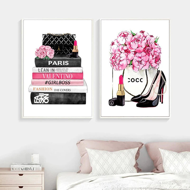 Fashion Magazine Wall Art Prints High Heels and Lipstick Modern Picture Poster Pink Flower Canvas Painting Girls Room Home Decor