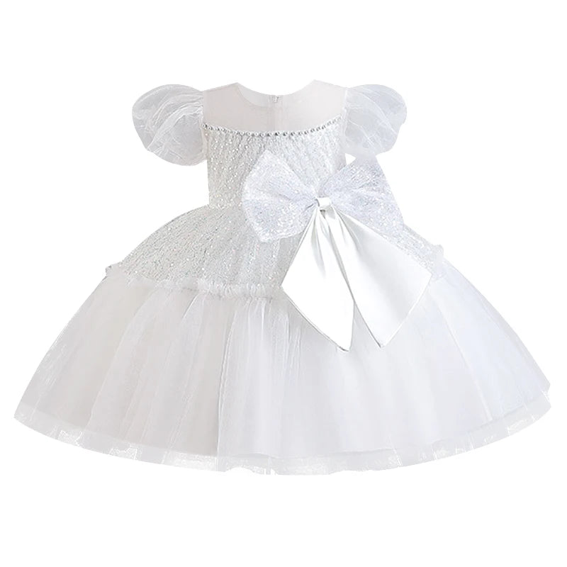 Summer clothing suitable for toddlers mesh large bow baby's first birthday ball dress white baby girl baptism dress