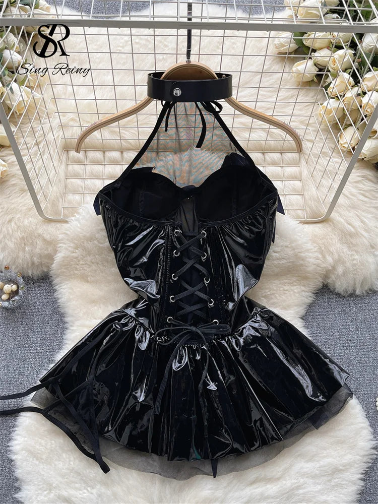 SINGREINY Women Pu Leather Sensual Dress Halter Lace Up A Line Sexy Nightdress+Thongs Sheer Backless Mini Porn Nightwear