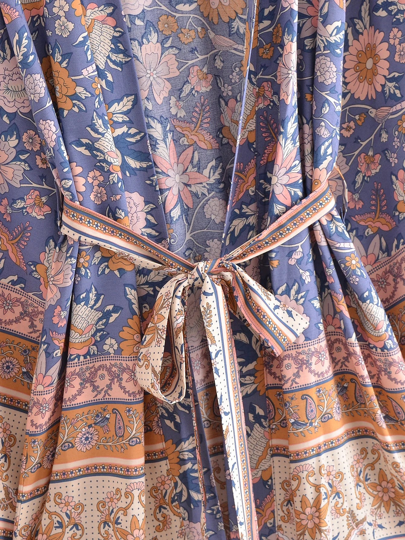 BOHO Women Blue With Pink Flower Print Kimono Shirt Holiday Tide Bow Sashes Mid Long Cardigan Summer Blouse Beach Cape