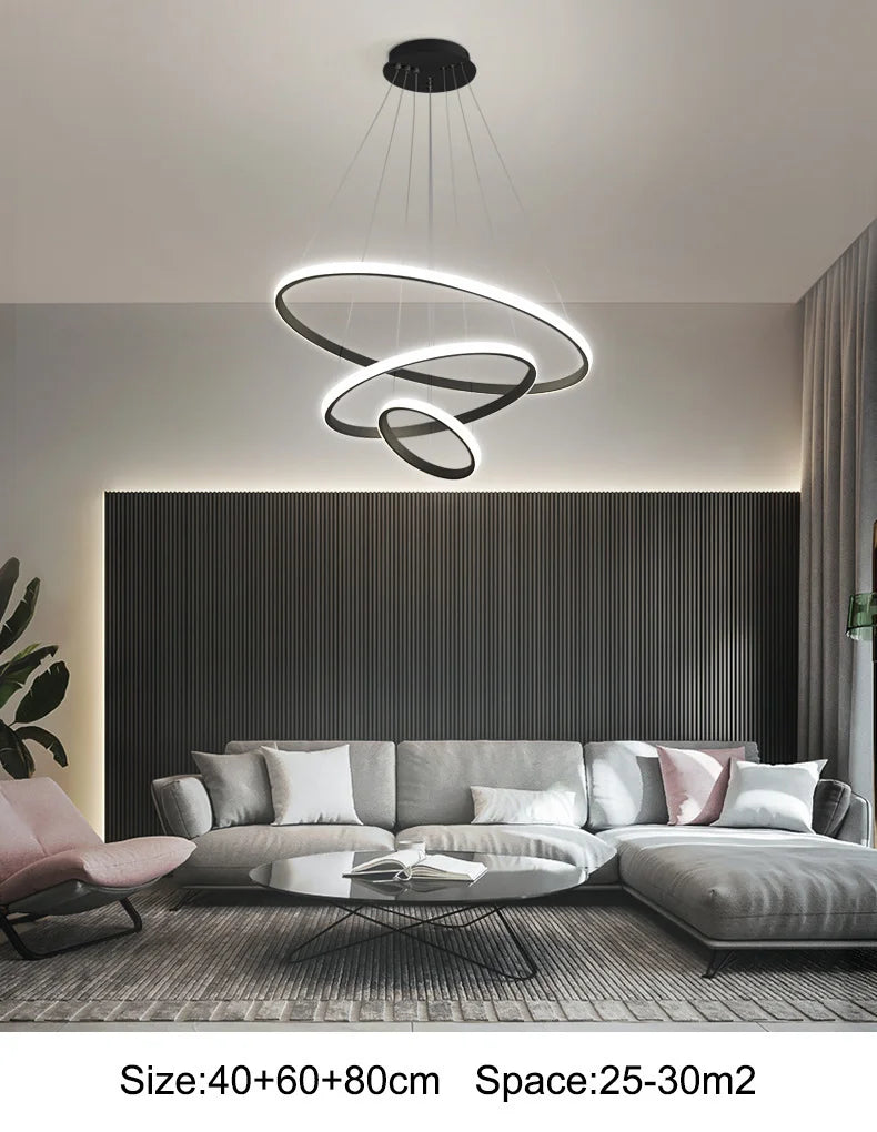 Led Circle Ceiling Hanging Chandelier Rings  Black Loft Living Dining Room Modern Pendant Lamp Kitchen Indoor Lighting Fixture