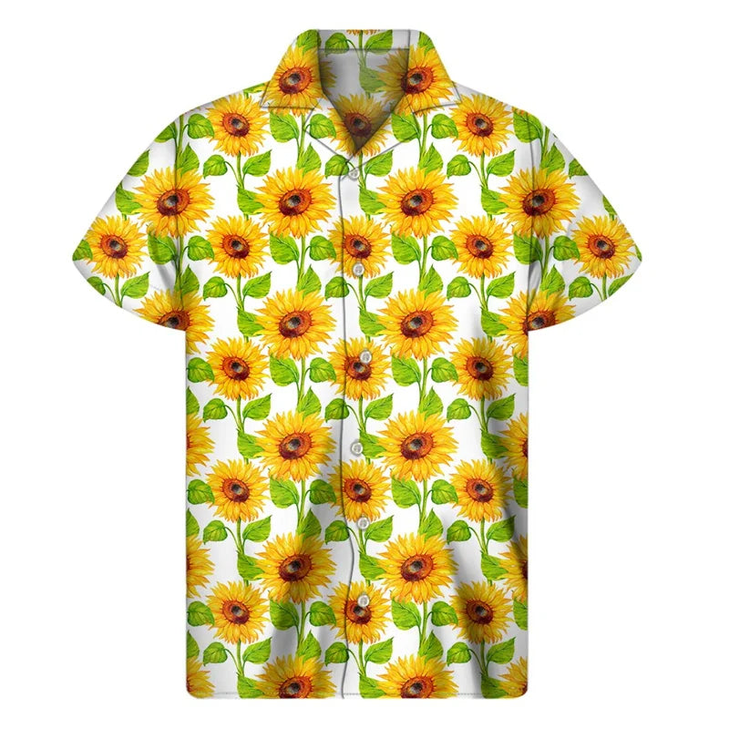 3d Plants Sunflower Print Shirt For Men Fashion Classic Short Sleeve Summer Vacation Shirts Breathable Tops Hawaiian Shirts