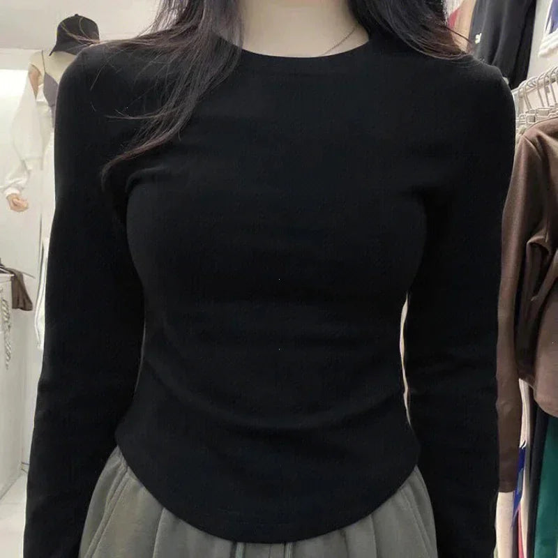 Women's Long Sleeve T-shirt Winter Brushed Slimming Short TeesShoulders Pure Desire Aesthetic Fitted Waist Base Layer Top Shirt