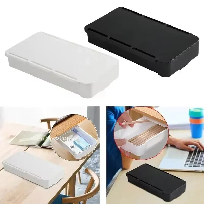 White Self-Adhesive Storage Drawer Box Makeup Pencil Tray Desk Hidden Under Desk Stand Self-adhesive Under-drawer Storage Boxes