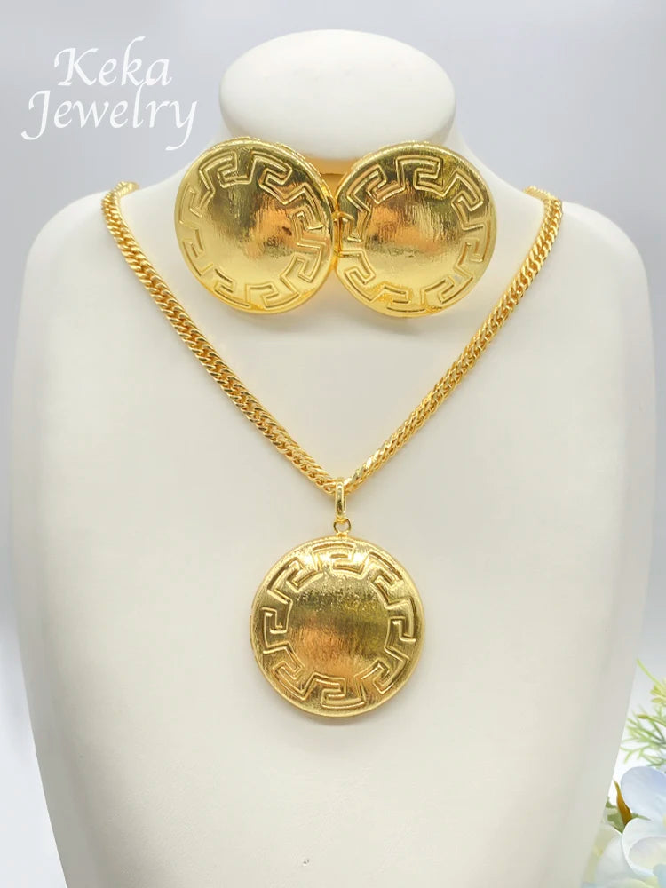 ltaly 18K Gold Plated Delicacy Jewelry Set Women Fashion Earrings Pendant Circular Pattern Desigh Wedding America Party Jewelry