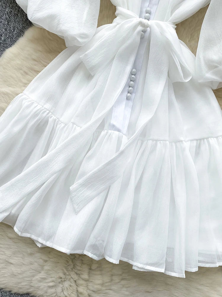 Summer Women's Puff Sleeve Shirt Dress Fashion Beach Vacation Party Birthday Blue White Exquisite Chiffon Mid Length Dress B06