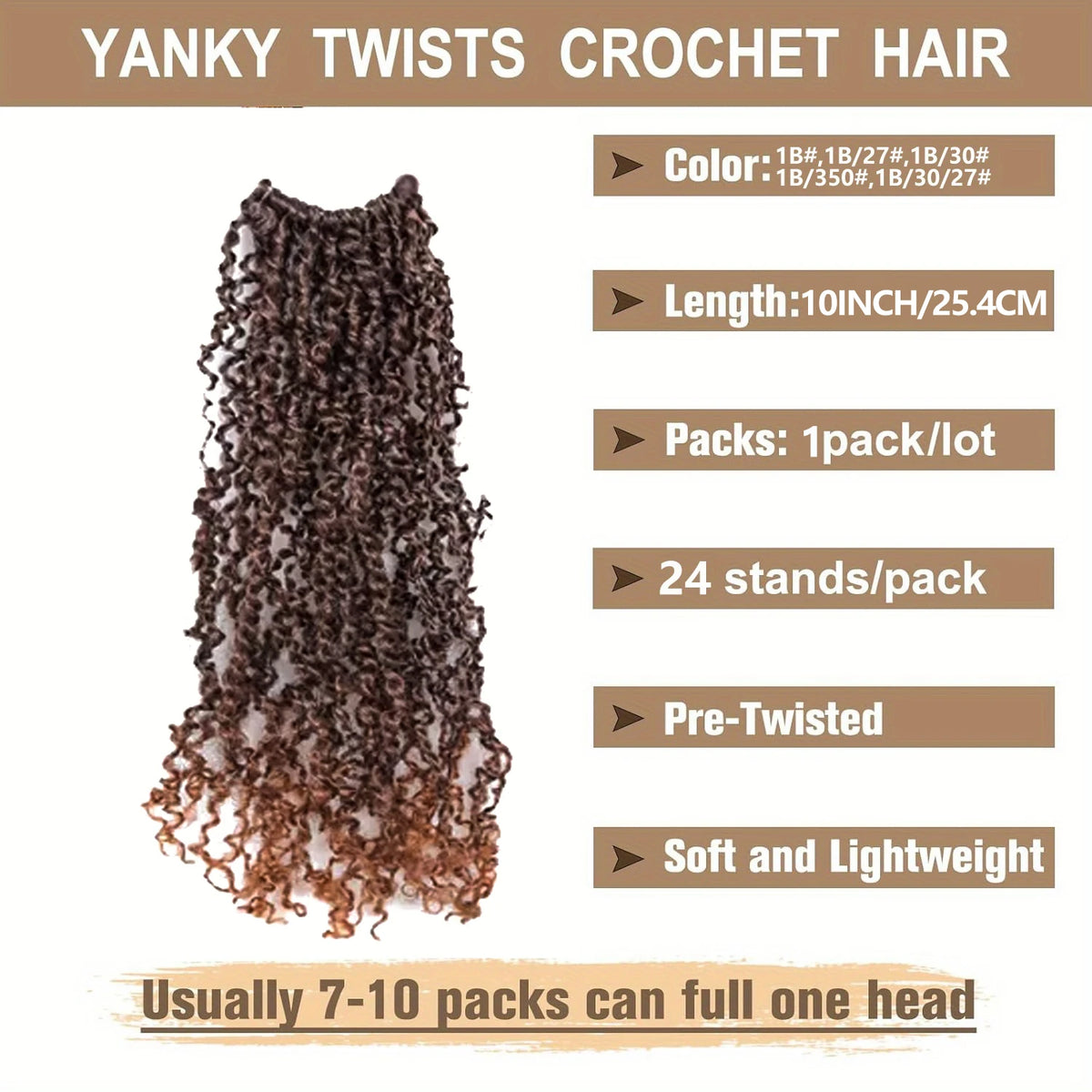 1 Pack 10 Inch Pre-Looped Yanky Twists Crochet Synthetic Braids Hair Textured Hairstyle, Elegant Hairstyle Easy Application