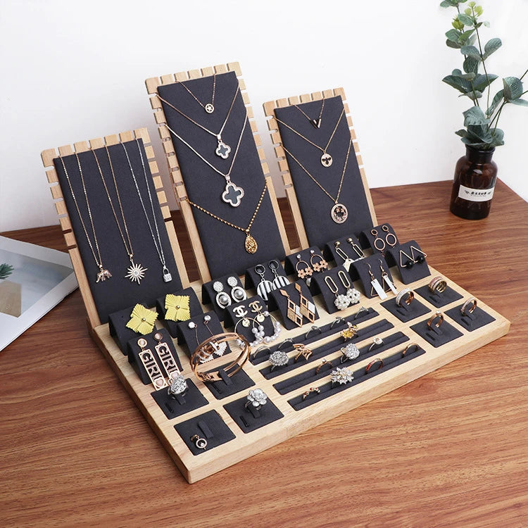 Wood Set Jewelry Counter Display Stand Necklace Pendant Holder Earring Ring Display Tray Props High-Capacity 39*25Cm