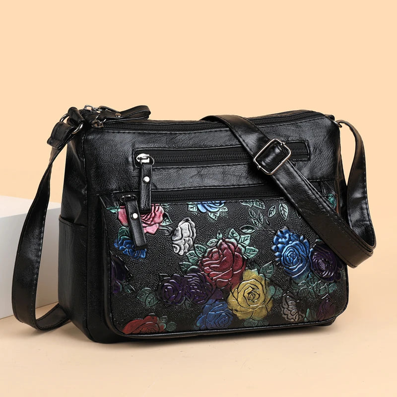 Luxury Soft Leather Women Messenger Shoulder Handbags and Purses Flowers Multi-pocket Crossbody Mommy Bag Ladies Sac 2022 New