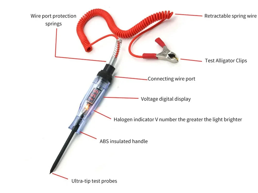 Auto Truck Voltage Circuit Tester 6V 12V 24V DC Digital Display Long Probe Pen Light Bulb Automobile Diagnostic Tool Auto Repair