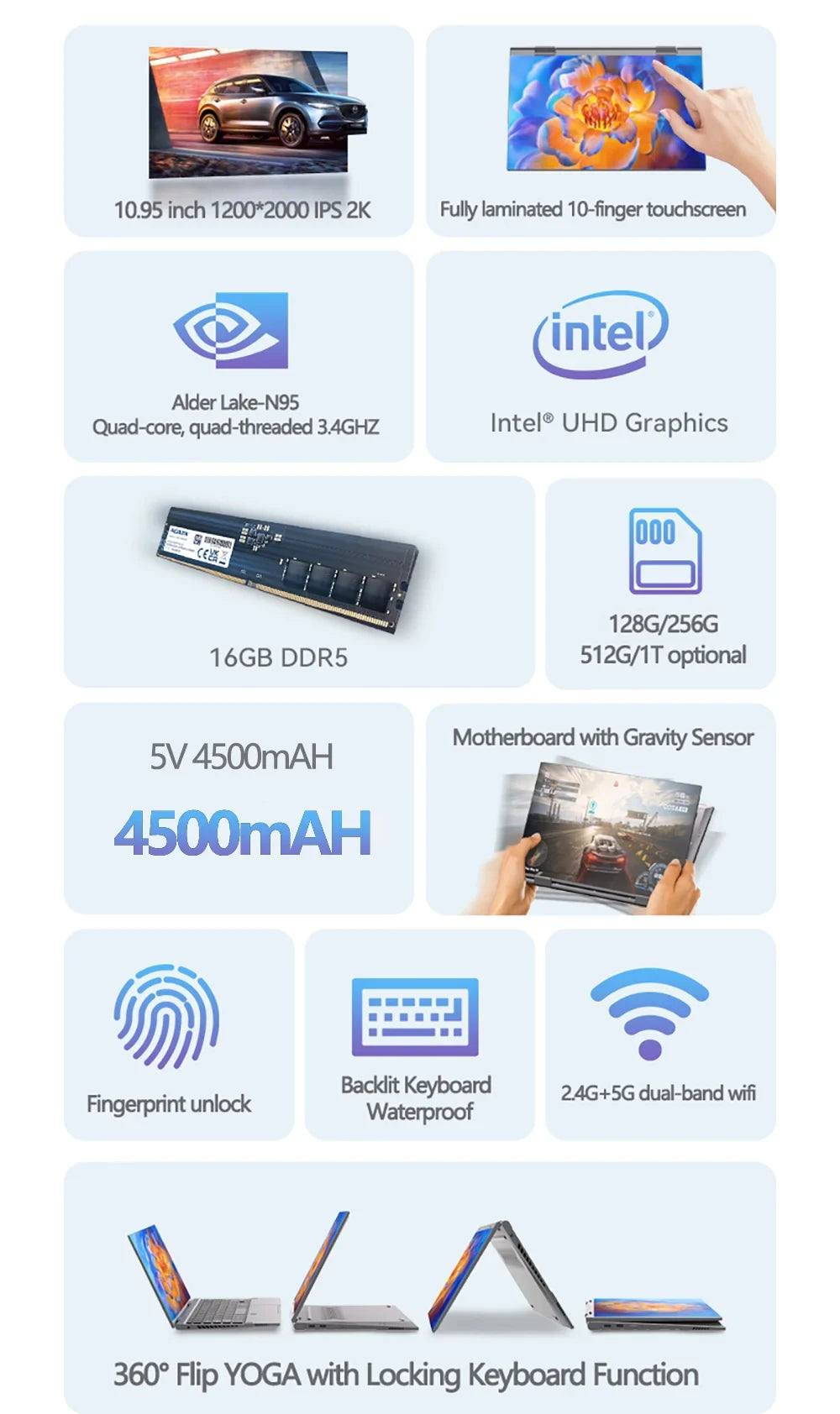 NEW 10.9 Inch 360° Fold Mini Laptop Intel N95 Touchscreens 16GB DDR5 Computer Notebook 2TB SSD Backlit Keyboard Tablet Laptop