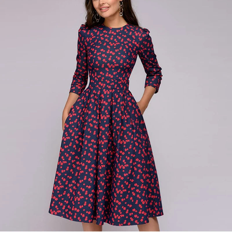 2023 Spring AutumnOffice Lady Knee Length Elegant Vintage Long Sleeve Party Dresses Women Floral Printed Dress New