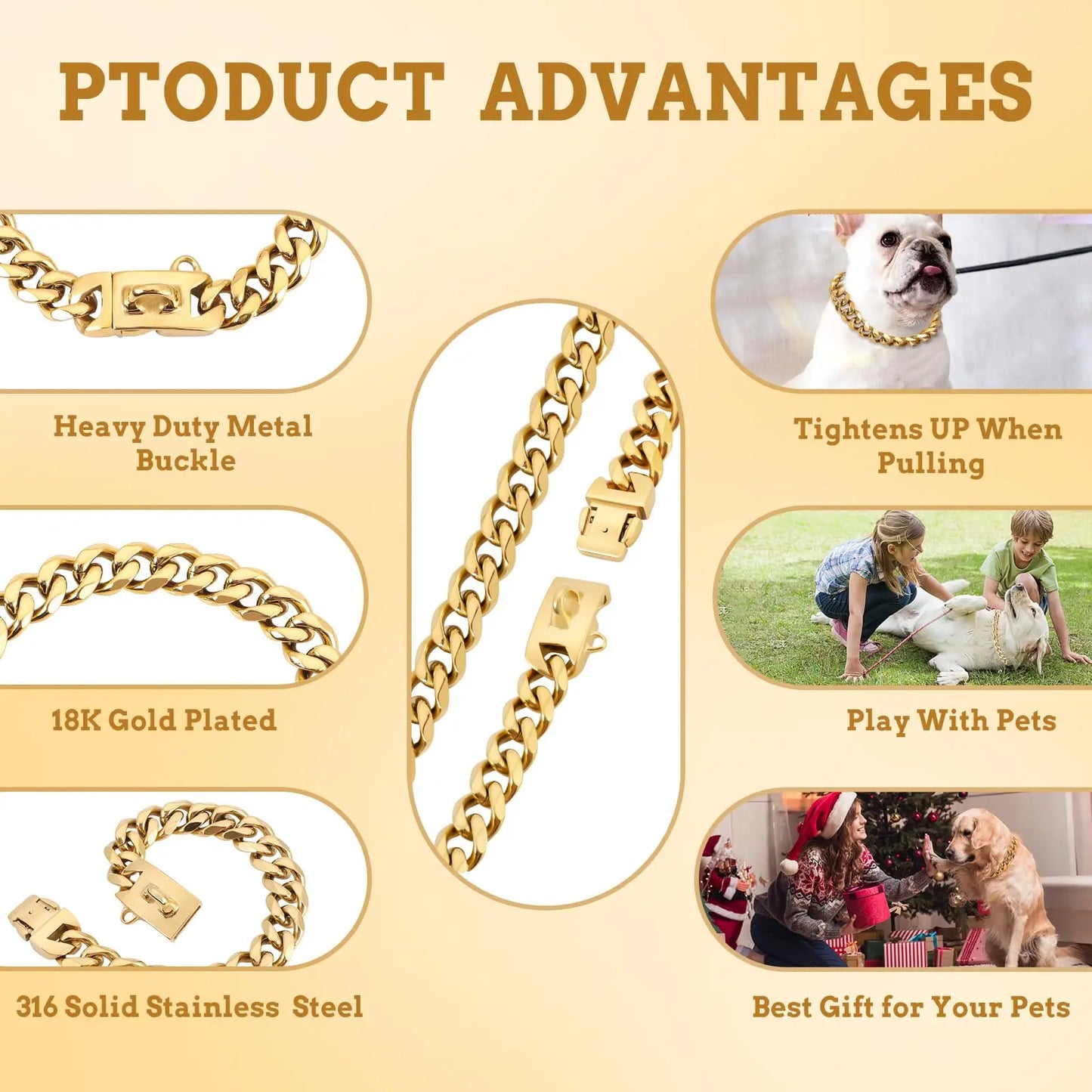 Strong Heavy Duty 19MM Wide Light Metal Strong Metal Cuban Link Dog Collar,Gold Dog Chain Collar for Small Medium Dogs