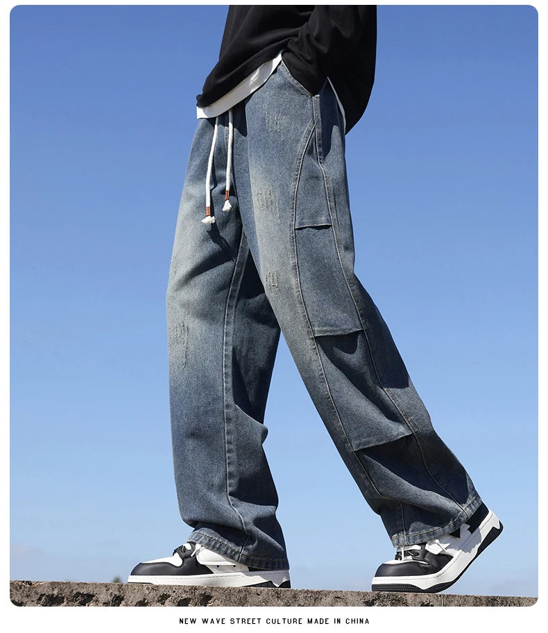 Jeans men's American high street vintage washed crease splicing men's spring and fall models loose straight pants