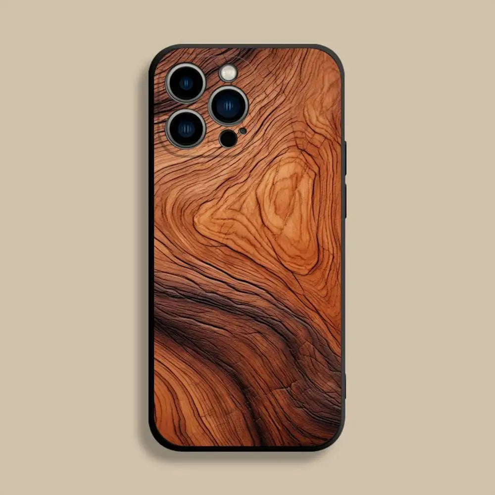 Natural Wood Phone Case For iPhone 17,16,15,14,13,12,Pro,Max,Plus,E,SE4,Air,Mini Black Soft Cover