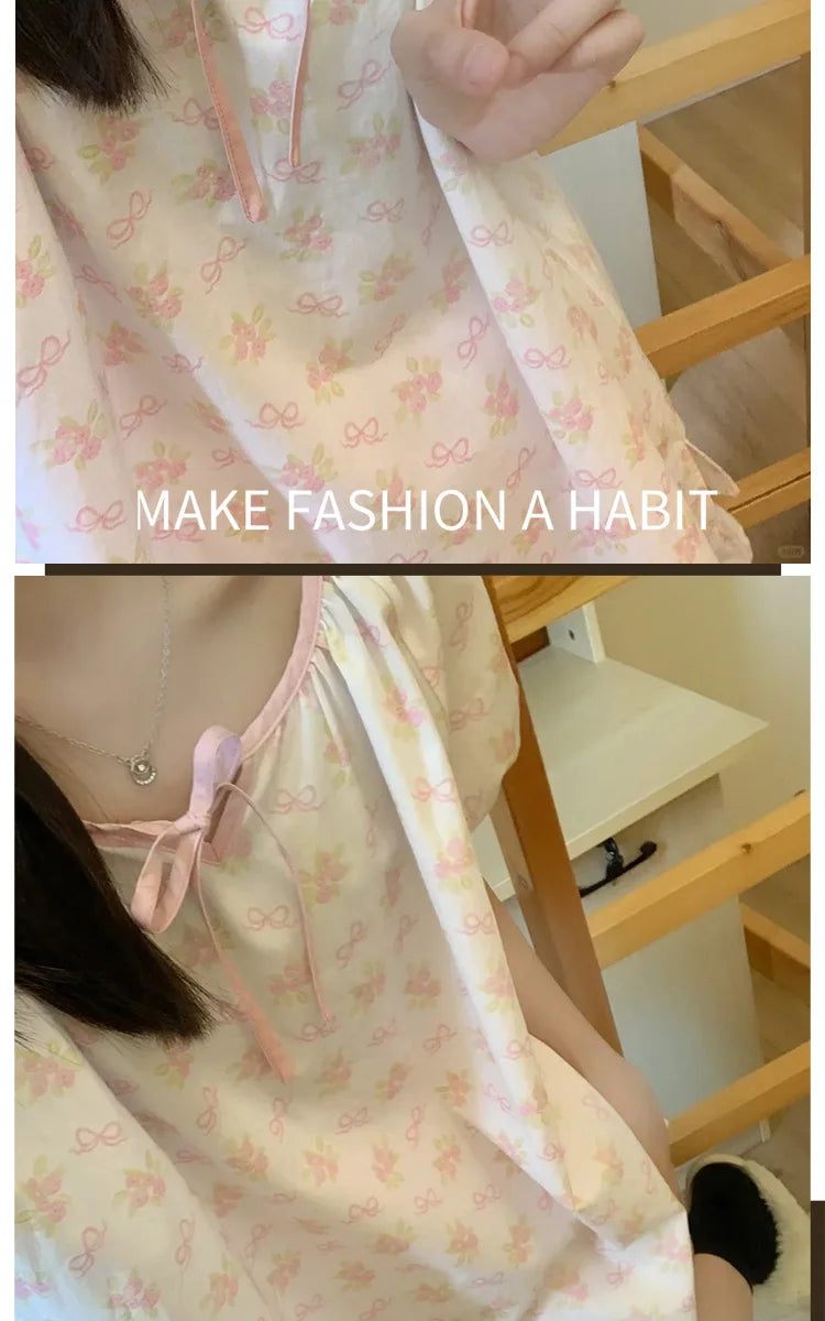 Women Homewear Two-Piece Set Printed Flowers Pink Cherry Tops Shorts Ladies Pajamas Loungewear Cute Sleepwear Fancy Underwear