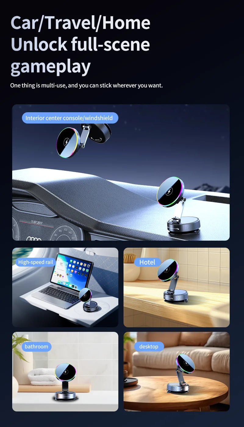 15W Vacuum Suction Magnetic Wireless Charger Car Phone Holder Mount 360 degree Rotatable Compatible with Smartphones for iPhone