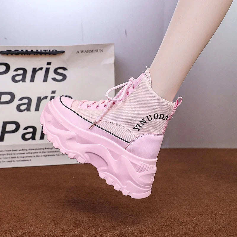 Women Sneakers High Top Platform Breathable Leather Shoes 2023 Autumn Ladies Wedges Casual Shoes For Woman Sports Dad Shoes 8CM