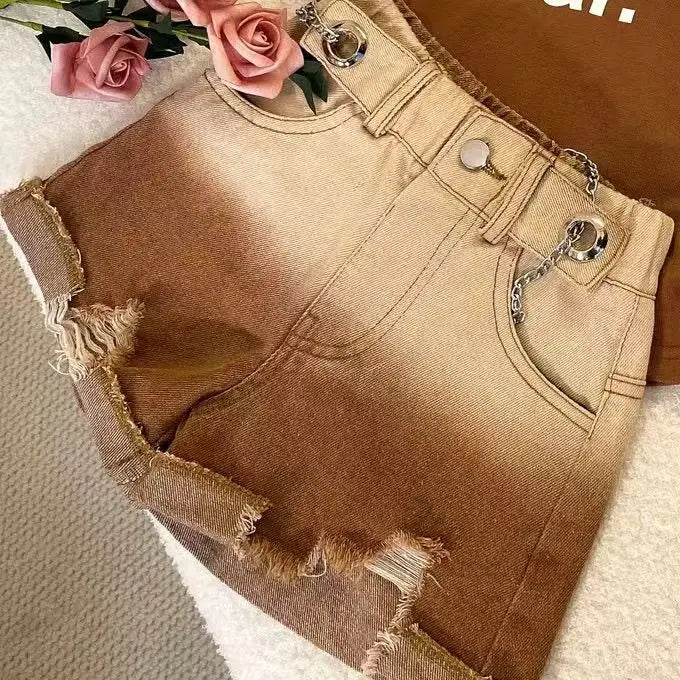 Girls' Summer Clothing Set 2025 New Children's Tank Top Denim Shorts Two Piece Set Girls' Elegant Summer Fashion