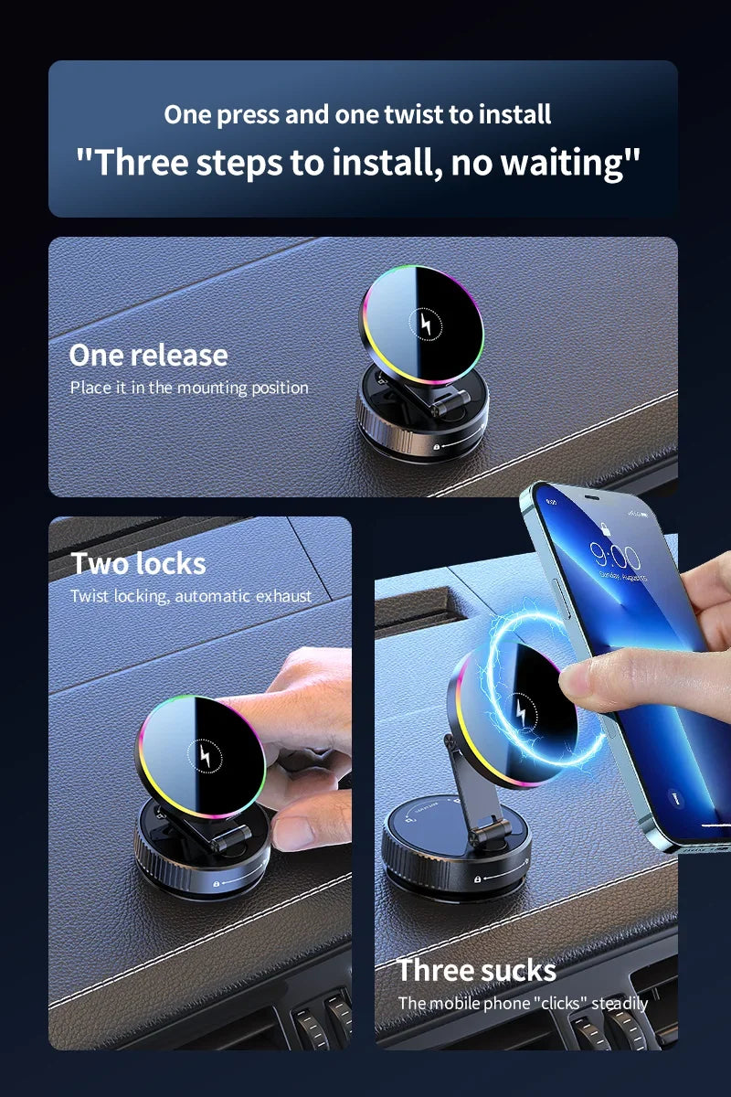 15W Vacuum Suction Magnetic Wireless Charger Car Phone Holder Mount 360 degree Rotatable Compatible with Smartphones for iPhone