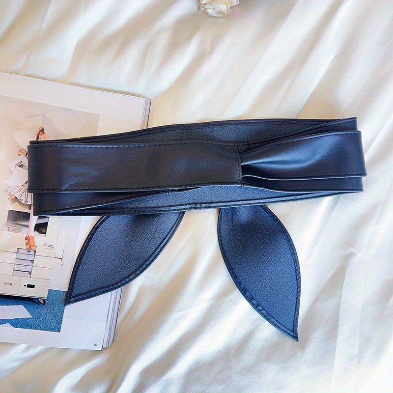 Black Bowknot Obi Belt  Lace Up Tied Knot Corset PU Wide Belts Cinch Waistband Elegant Dress Coat Girdle For Women