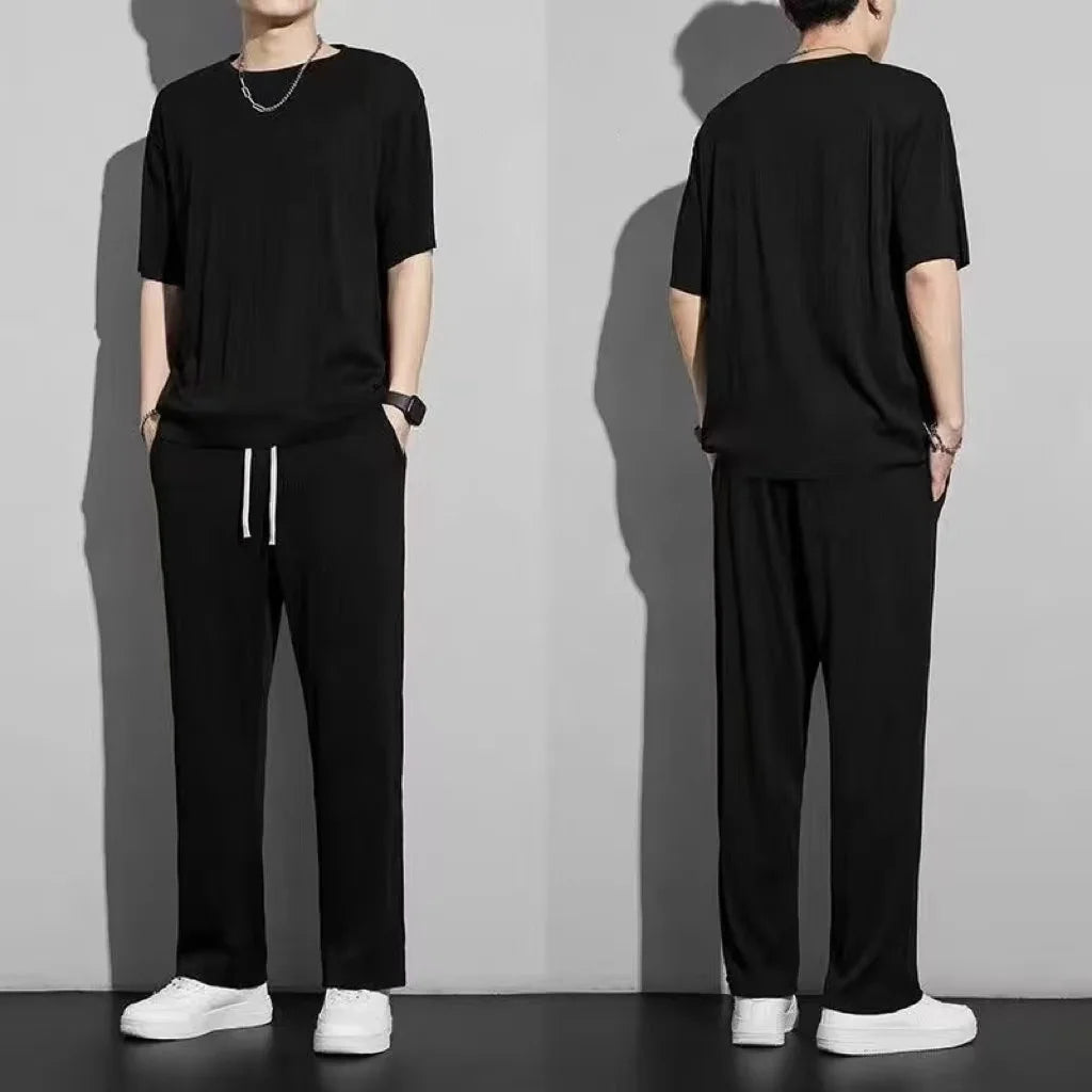 Men's Wrinkled Ice Silk Sports Set 2024 Summer New Short sleeved Long Pants Two piece Set Fashionable, Breathable, and Cool 3