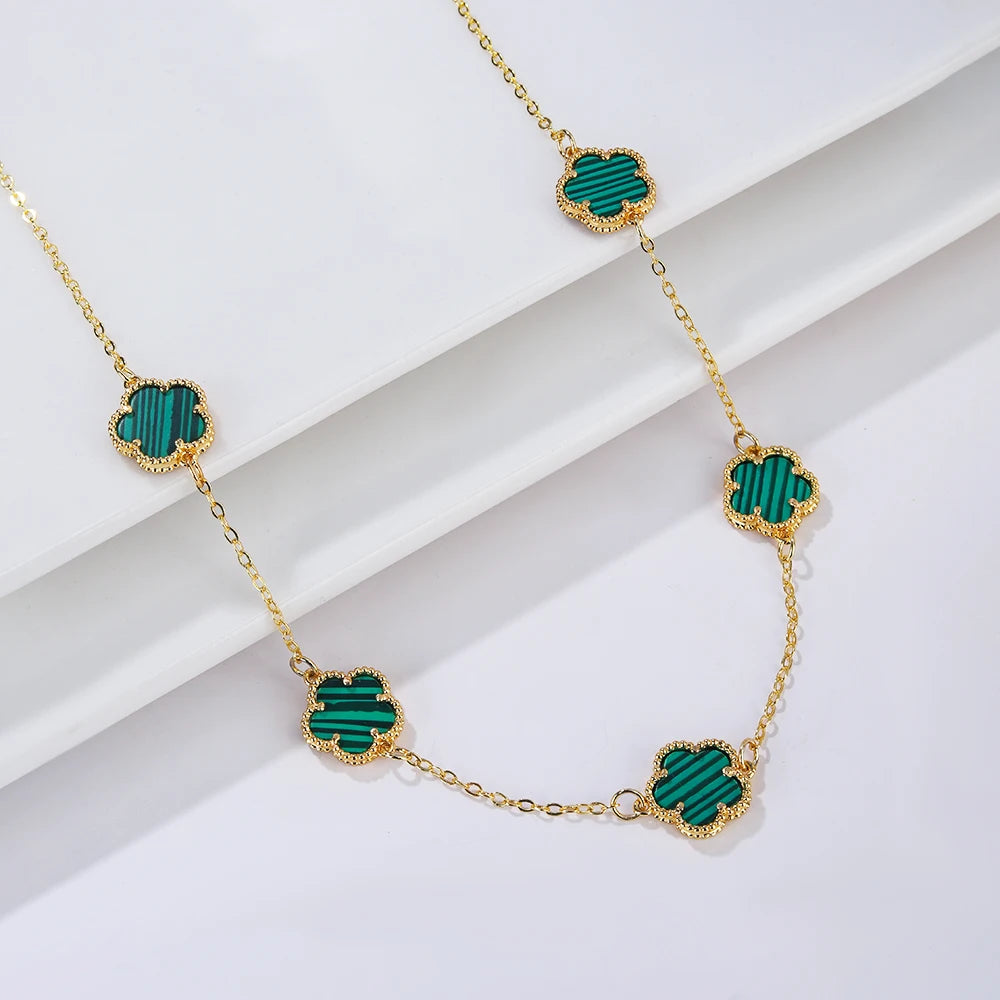 Double Sided Plum Blossom Natural Stone Hot Selling Plant Five Leaf Flower Pendant Necklace Collarbone Chain Woman Clover