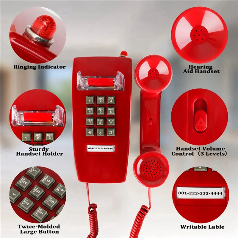 ELECT-2X Wall Phones For Landline With Mechanical Ringing, Single Line 2554 Wall Telephone With Voicemail Indicator,Red