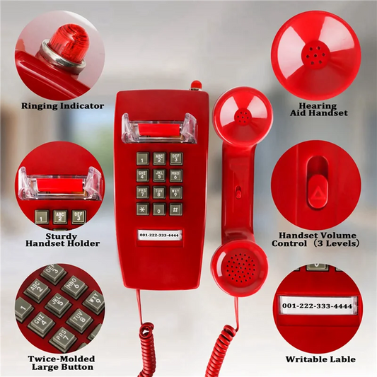 ELECT-2X Wall Phones For Landline With Mechanical Ringing, Single Line 2554 Wall Telephone With Voicemail Indicator,Red