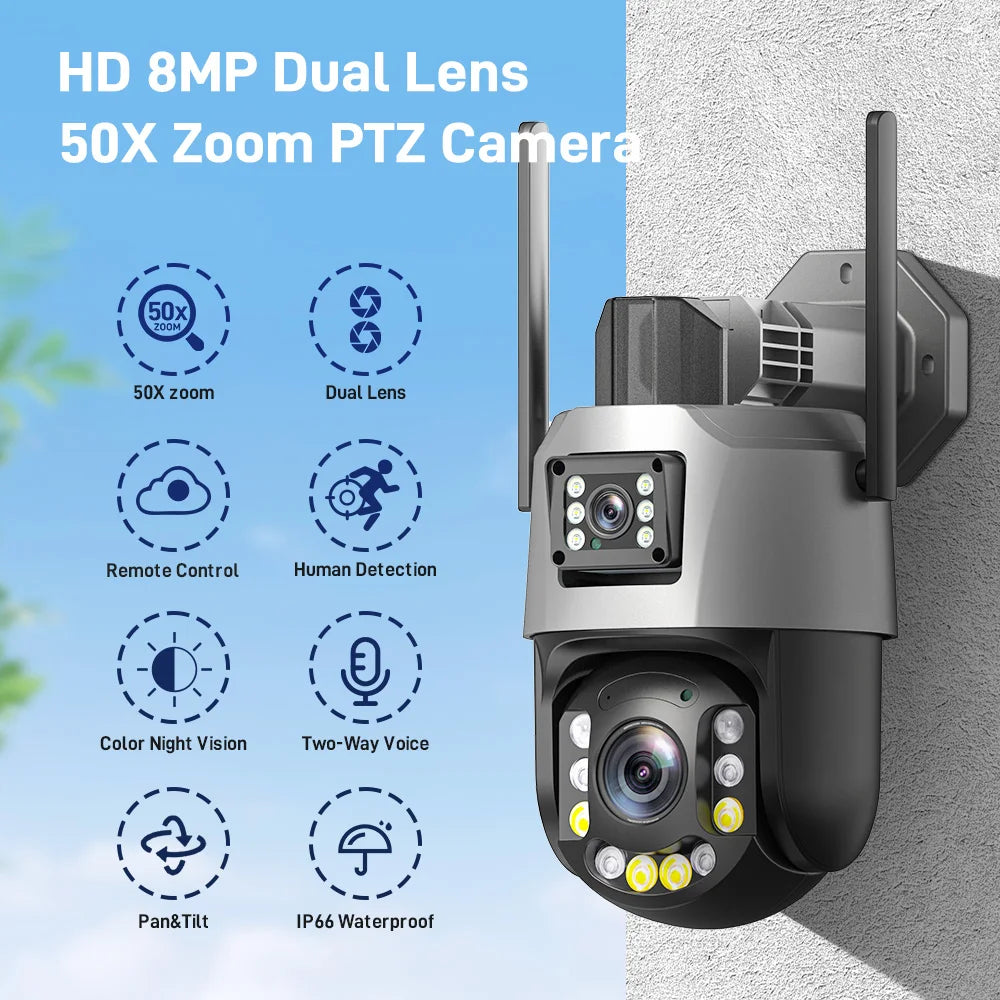 Securexpert 8MP 50X Zoom PTZ Camera WiFi Dual Lens 4K 20X Outdoor Surveillance 120m Ultra Long IR Vision ONVIF Security Camera